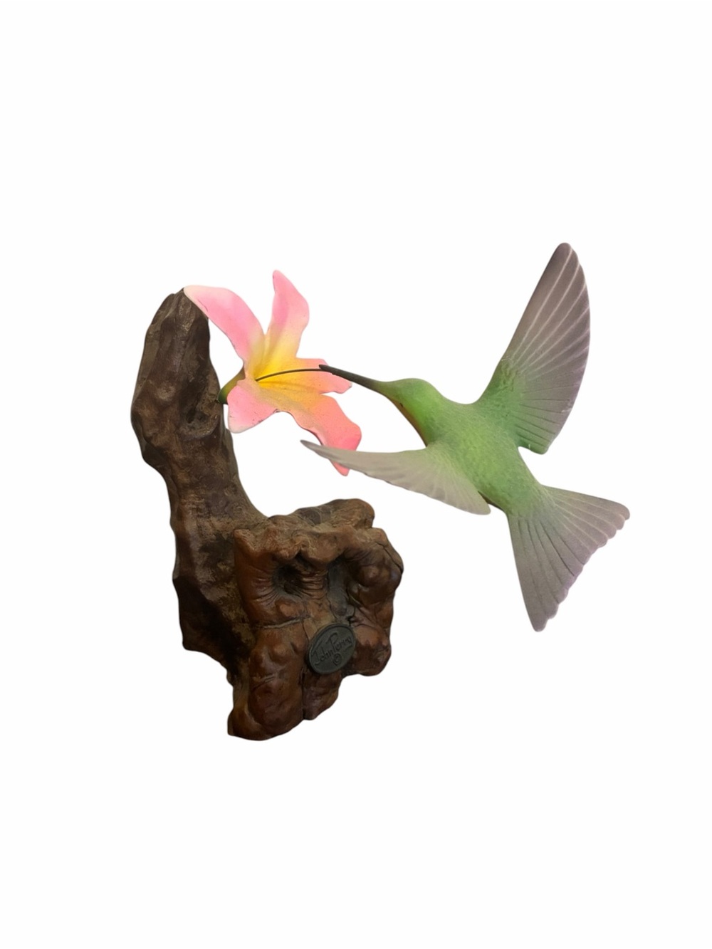 John Perry Hummingbird Flower Sculpture on Natural Burl Wood Base Pellucida